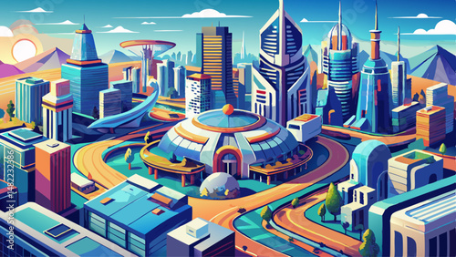 Aerial View of Vibrant Futuristic City with Modern Architecture Urban Planning and Zoning for Sustainable Growth