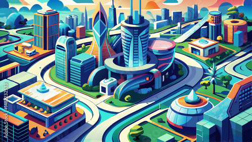 Aerial View of Vibrant Futuristic City with Modern Architecture Urban Planning and Zoning for Sustainable Growth