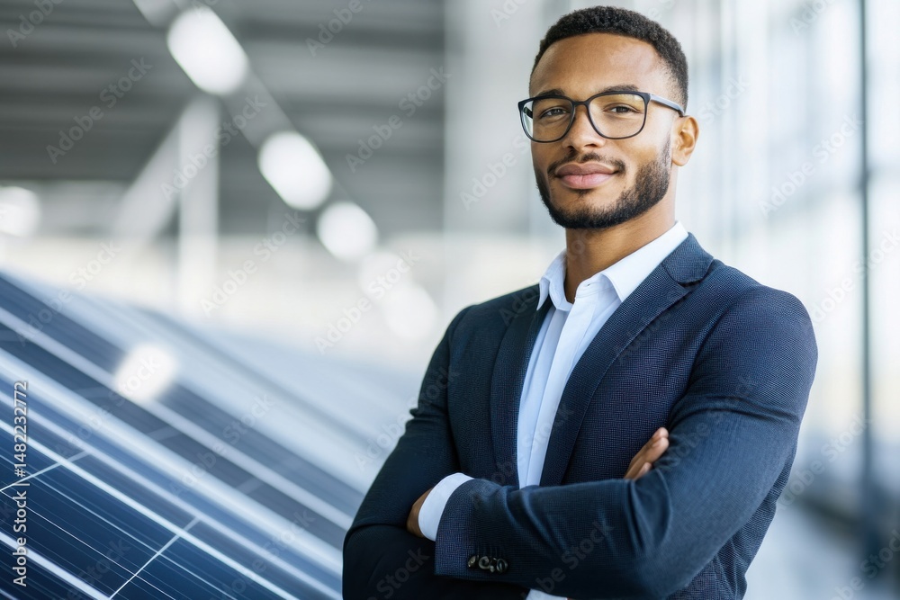 Obraz premium Confident Professional Man in Formal Attire with Solar Panels Behind