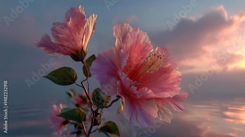 Blowing in the wind with strong leaf in cloudy sky concept. A stunning pink flower reflecting in calm waters at sunset.