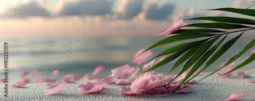 Blowing in the wind with strong leaf in cloudy sky concept. Gentle pink petals scattered on soft sand by a serene ocean.
