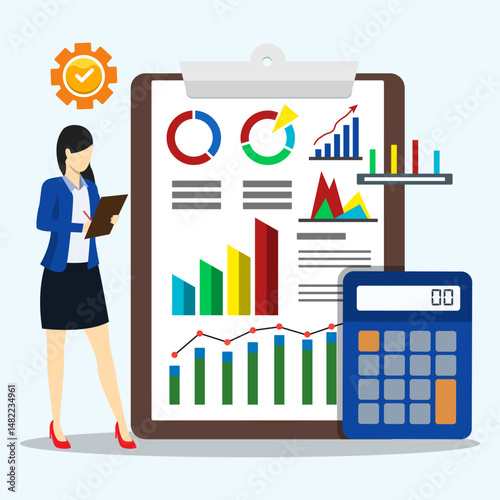 Accountant standing on big clipboard with graphs and diagram of business growth. Concept of investment data analysis and document review, Financial auditing and financial analysis.