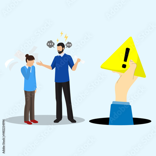A manager is scolding his employee while scattering papers with symbol of hand holding a exclamation mark.