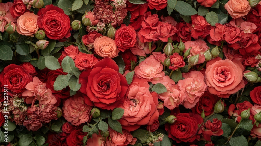 custom made wallpaper toronto digitalA Lush Arrangement of Deep Red and Pink Roses Filling the Entire Frame with Rich Green Foliage