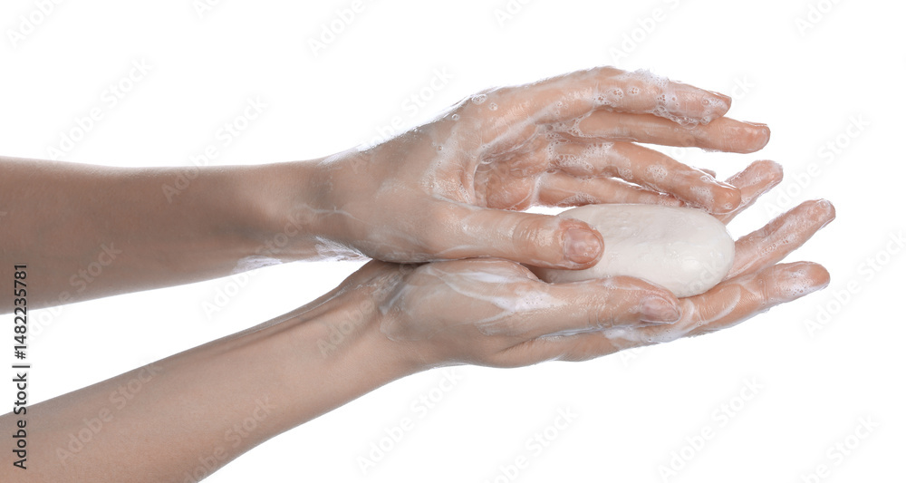 Fototapeta premium Woman washing hands with soap on white background, closeup