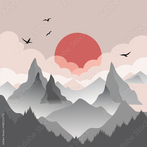 Misty mountains with gentle slopes and flock of birds in sunrise sky vector landscape background.