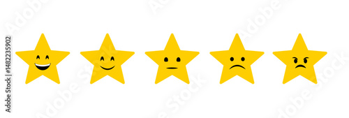 Set of cute rating stars with faces, sad, angry, cheerful. Various ratings from one to five stars. Review stars with good and bad ratings.