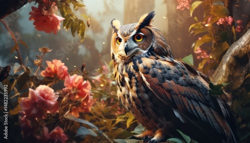 Horned owl, in the beautiful realistic deciduous with spring floral tropical rainforest