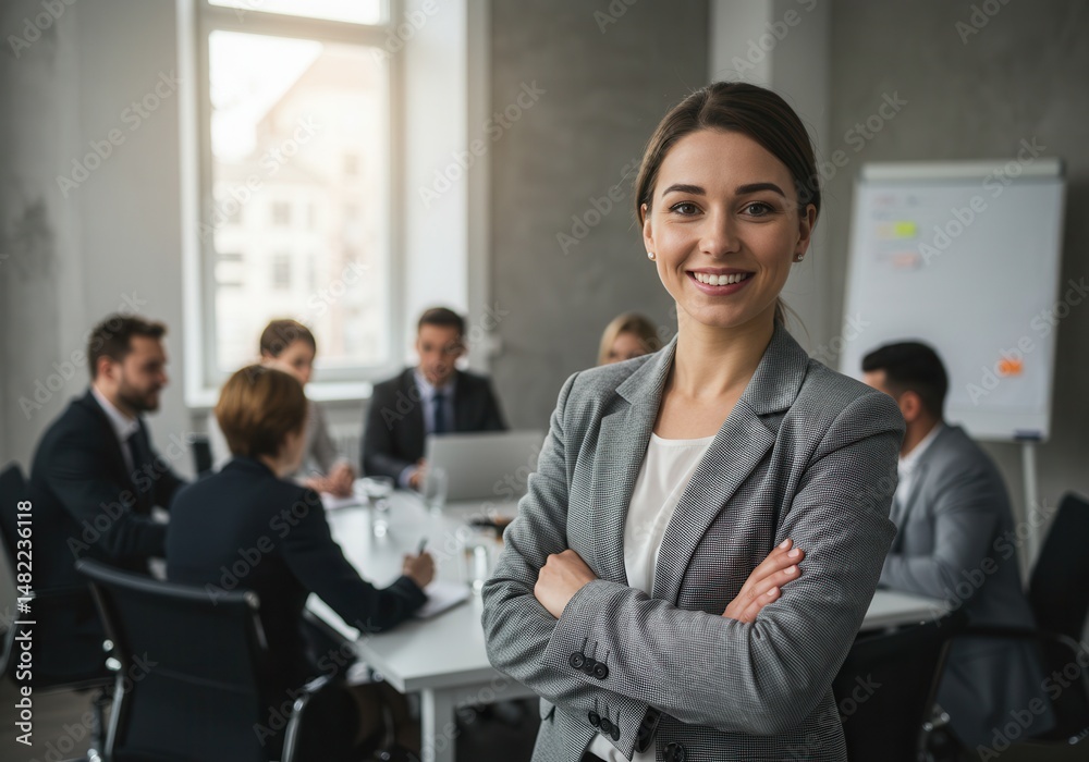 Fototapeta premium Smiling businesswoman stands with arms crossed in front of a meeting in the office