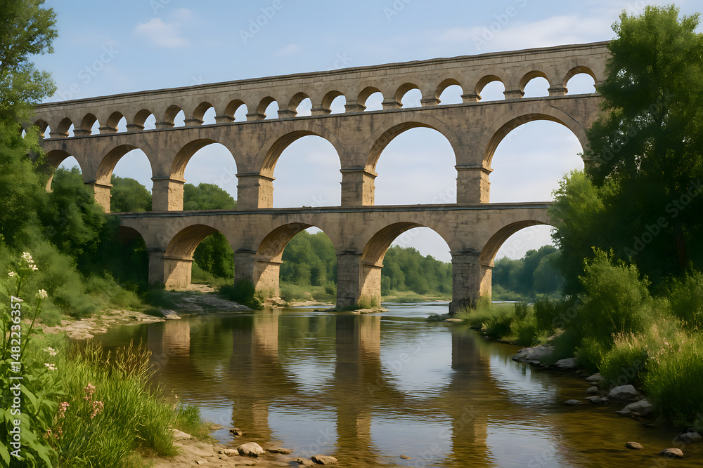 Fototapeta premium An ancient, multi-tiered stone aqueduct spanning a river. Its numerous arches reflect in the water below, framed by green trees under a blue sky, a testament to ancient engineering and history.