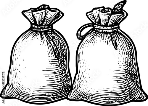 Black-and-white line drawing of two tied sacks filled with goat or beef meat, symbolizing Eid al-Adha sacrificial meat storage, traditional packaging, and cultural festivity