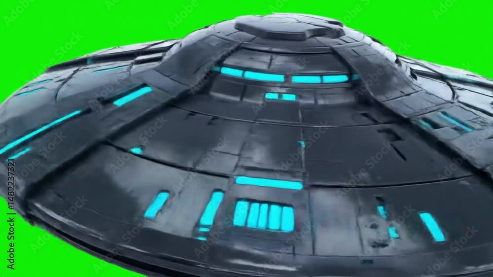Futuristic detailed ufo spacecraft with glowing blue lights and green chroma key background