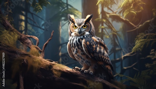 Horned owl, in the beautiful realistic deciduous with spring floral tropical rainforest