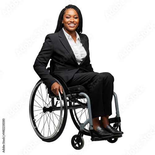 A smiling woman is sitting in a wheelchair isolated on transparent or white background, png