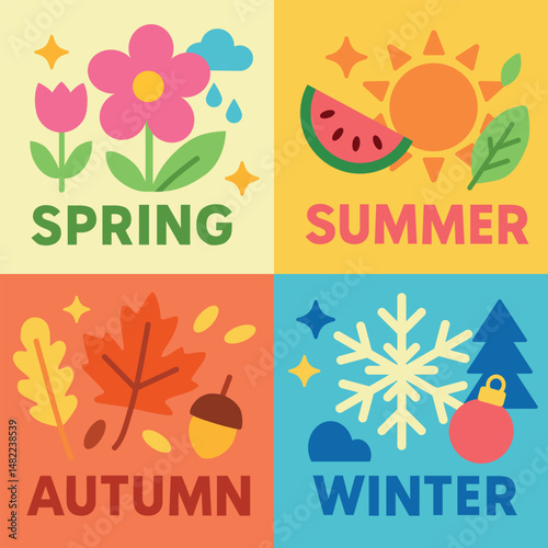 Flat colorful vector illustration of four seasons: spring, summer, autumn, and winter. Perfect for educational materials, kids' designs, calendars, posters, and seasonal marketing content
