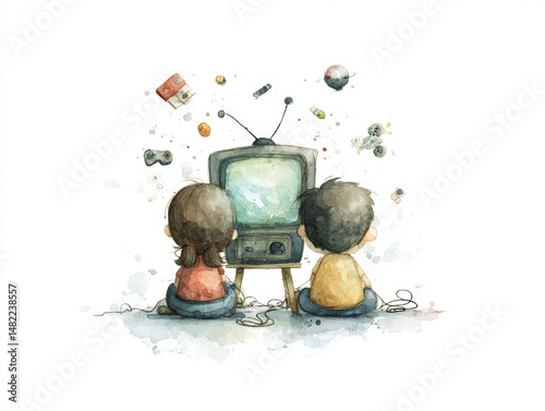 Two children are sitting in front of a television