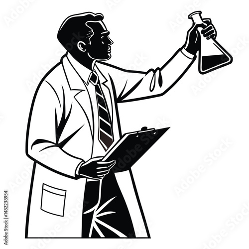 Scientist in lab coat holding flask and clipboard scientific research experiment