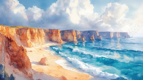 Coastal landscape with dramatic cliffs and waves.  A serene beach scene