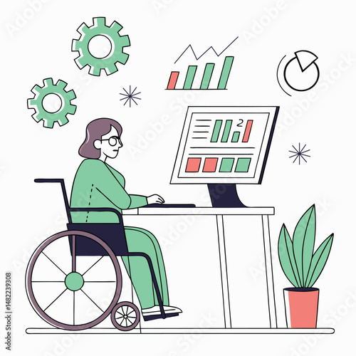  woman in a wheelchair working at a modern digital workstation analyzing graphs in an accessible tech setting