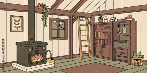 Cozy Rustic Attic Room with Wood Stove Bookshelf Ladder Plants and Warm Lighting