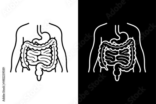 Human Digestive Tract Silhouette Black Vector Icon on White Background.
