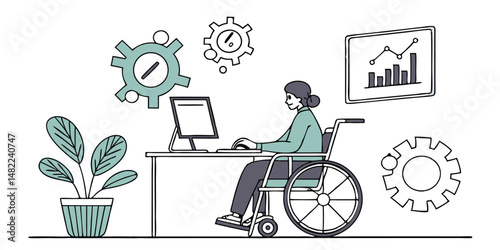 Woman in Wheelchair Working on Computer with Business Graphs and Gears