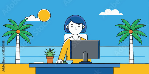 Digital nomad woman freelancing with laptop on tropical island beach surrounded by palm trees cartoon