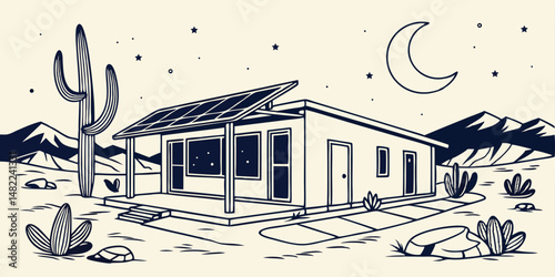 Off grid tiny house in desert with minimalist solar powered sustainable design for eco living cartoon