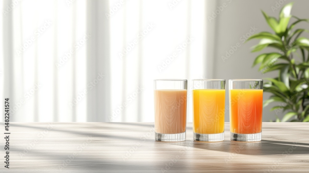 Fototapeta premium Three Glasses of Colorful Juice on Wooden Table with Natural Light juice colorful natural drink home
