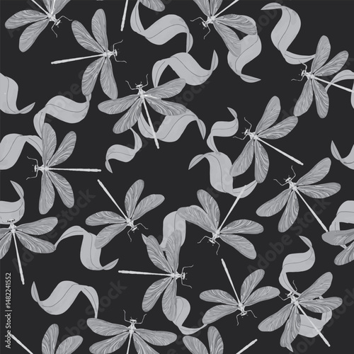 A refined seamless pattern featuring detailed, hand-drawn dragonflies in flight paired with elegant, curving leaf motifs. Rendered entirely in grayscale tones on a deep charcoal background