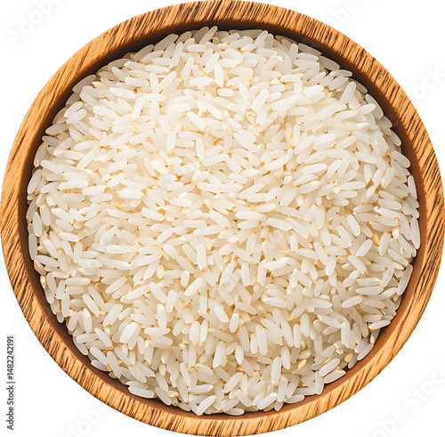 Uncooked white rice in wooden bowl top view isolated on transparent background