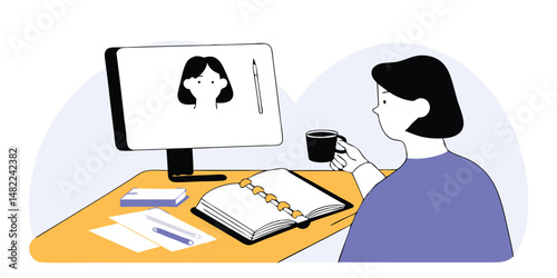 Woman attending online face call meeting on computer in minimalist room virtual communication concept