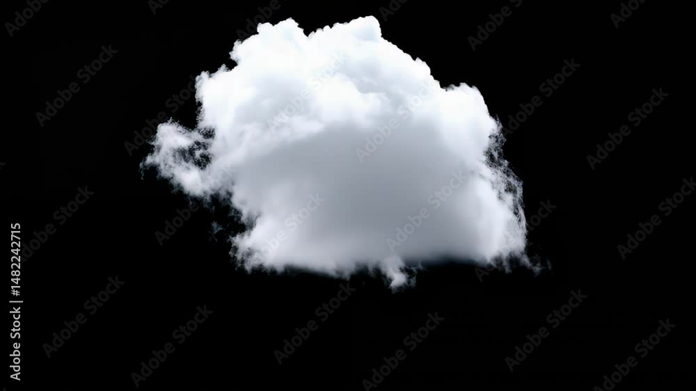 White cumulus cloud with soft rounded edges floating against deep black background, creating surreal minimalistic contrast. Concept of isolation and atmospheric lightness