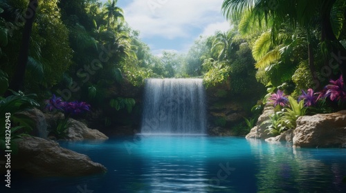 Serene Waterfall in Tropical Jungle with Vibrant Greenery and Flowers