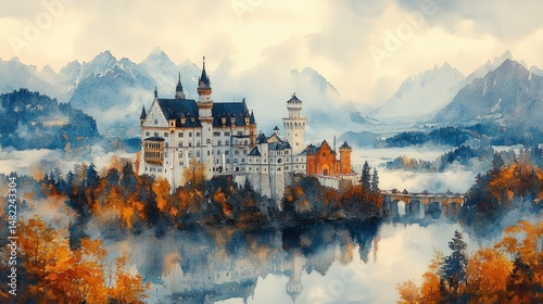 Wallpaper Mural Majestic castle nestled in a picturesque autumnal landscape, reflecting on a calm lake, surrounded by mountains shrouded in mist Torontodigital.ca