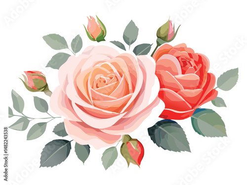 Beautiful Roses with Buds and Green Leaves Art