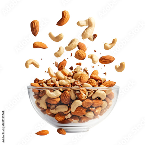 Almonds and cashews falling into a glass bowl healthy snack