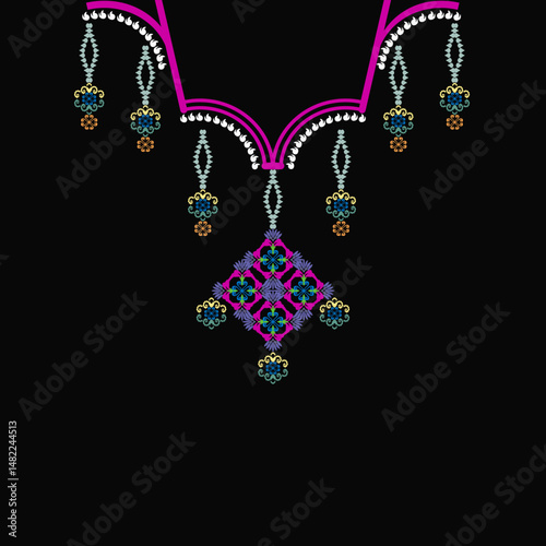 Geometric ethnic necklace design, bohemian style, vector design for collar shirts for women, neckline, neck border, clothing, vector illustration.