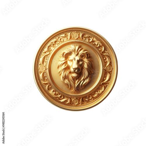 Golden lion head coin medallion luxury design antique vintage illustration on transparent background