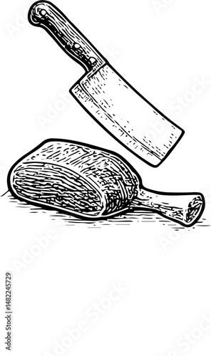 Black-and-white vintage line drawing of a cleaver knife angled downward cutting meat, showcasing detailed metal and meat textures for culinary, butchery, and educational use