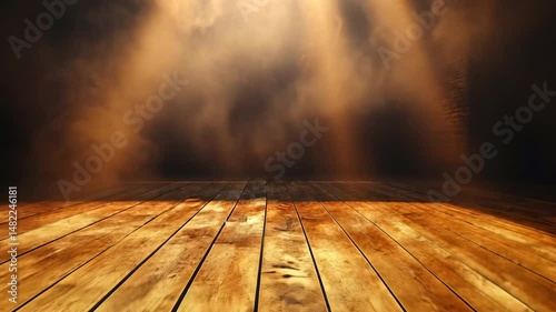 Smoky, orange-lit wooden floor, dramatic lighting