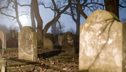 Eerie graveyard scene bathed in fog. Old, weathered tombstones stand under bare trees, evoking mortality, mystery, and the passage of time. Perfect for gothic, Halloween, or historical themes.