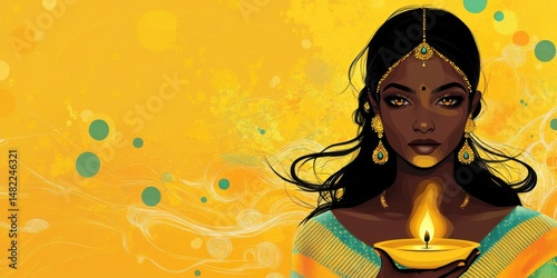 An Indian women holding diya in hand in Modern Collage