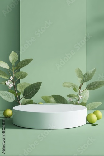 White platform surrounded by green leaves and fruit against a green background.