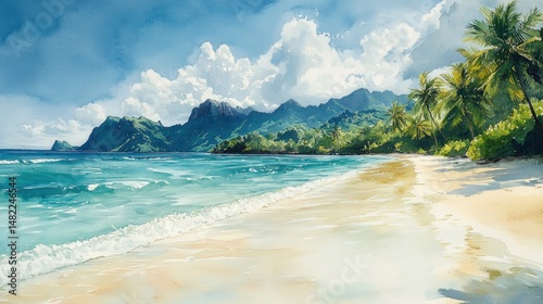 Tropical beach paradise. Lush landscape with a sandy shore, turquoise ocean, and towering mountains