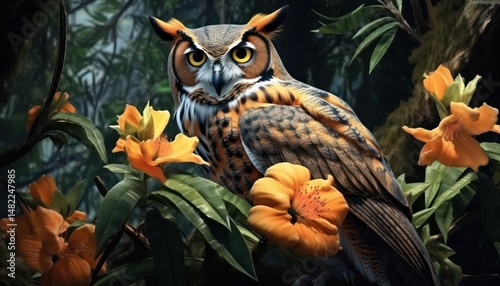 Horned owl, in the beautiful realistic deciduous with spring floral tropical rainforest