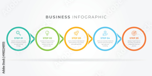 Vector infographic template featuring five circular business steps with modern icons, bright colors, and clean layout. Ideal for presentations, strategies, marketing, and planning visuals.