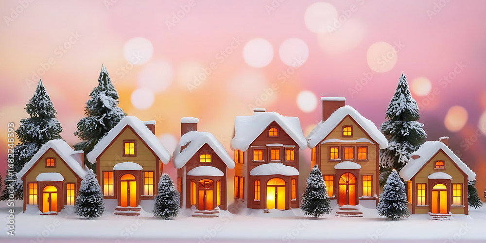 Naklejka premium Illuminated Winter Houses Soft Pink Background