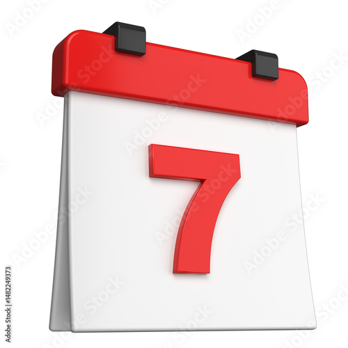 Modern 3D simple calendar icon date 7th isolated on Transparent Png Background