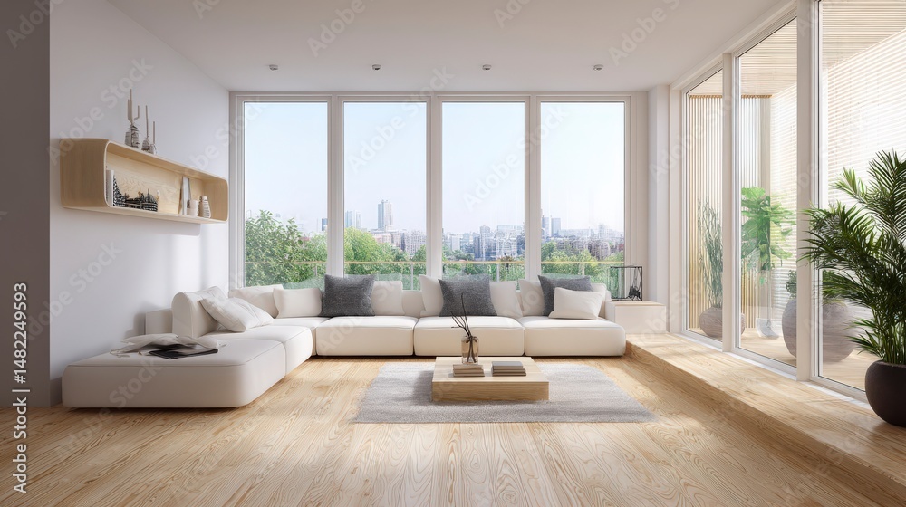 Fototapeta premium 3D interior render of a clean, spacious, and modern living room with natural light